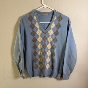 Jaeger Mens Vintage Argyle V-Neck Lambswool Sweater Blue Made in Great Britain